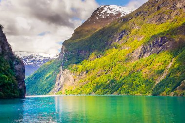 Above idyllic Geiranger fjord dramatic landscape, Norway, Scandinavia