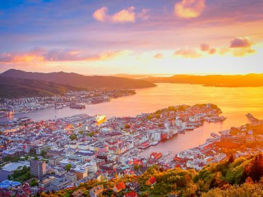 Dramatic sunset view of Bergen from Floyen mountain, Norway, Scandinavia