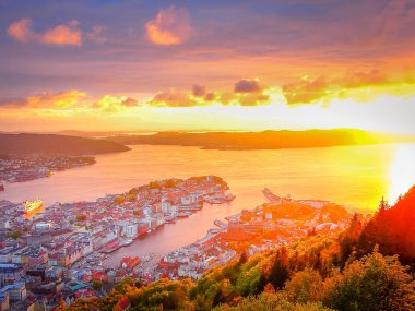 Dramatic sunset view of Bergen from Floyen mountain, Norway, Scandinavia