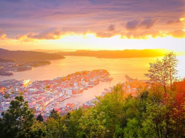 Dramatic sunset view of Bergen from Floyen mountain, Norway, Scandinavia