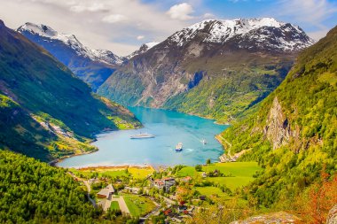 Above idyllic Geiranger fjord dramatic landscape, Norway, Scandinavia