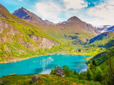 Above idyllic Geiranger fjord dramatic landscape, Norway, Scandinavia
