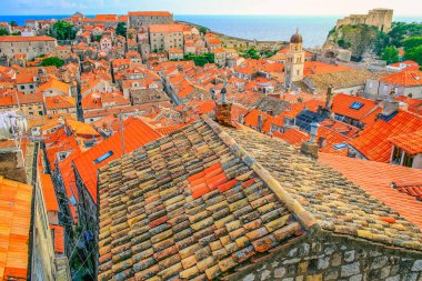 Dubrobvik medieval old town, turquoise adriatic beach in Dalmatia, Croatia