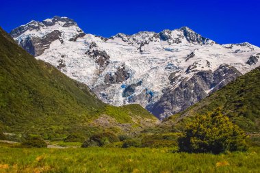 Hooker Valley meadows and Mt Cook massif, South Island of New Zealand at sunny day