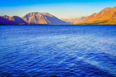 Blue Lake Tekapo at peaceful evening, New Zealand South island idyllic landscape