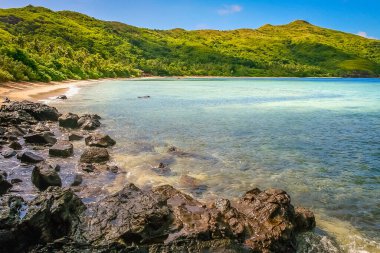 Tropical paradise, sandy beach at summer day in Fiji Islands, Pacific ocean