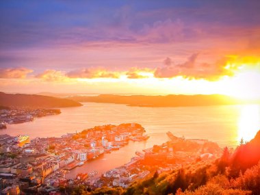 Dramatic sunset view of Bergen from Floyen mountain, Norway, Scandinavia