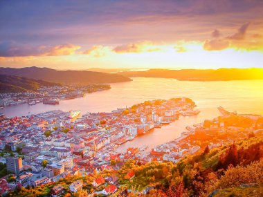 Dramatic sunset view of Bergen from Floyen mountain, Norway, Scandinavia