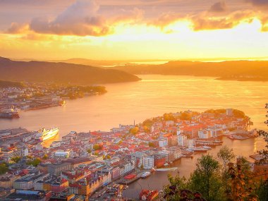 Dramatic sunset view of Bergen from Floyen mountain, Norway, Scandinavia