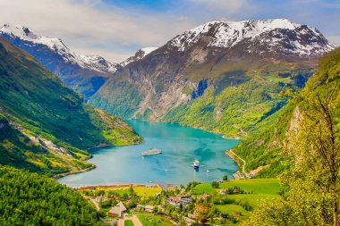 Above idyllic Geiranger fjord dramatic landscape, Norway, Scandinavia