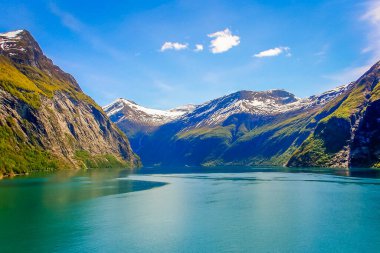 Above idyllic Geiranger fjord dramatic landscape, Norway, Scandinavia
