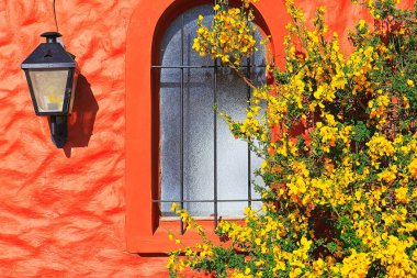 Cartagena de Indias colonial architecture with street light and colorful flowers, Colombia, South America
