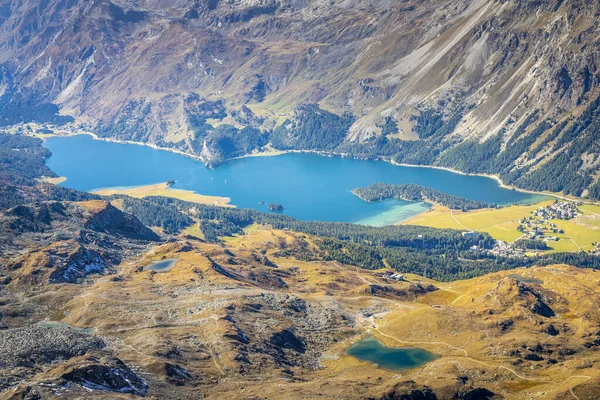 stock image Above Silvaplana lake , Sils and Maloja from Piz Corvatsch, Upper Engadine, Graubunden, Switzerland