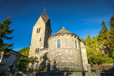 Idyllic landscape of church in St Moritz , Engadine valley at sunny springtime, Swiss Alps, Switzerland