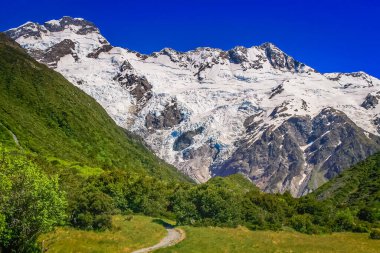 Hooker Valley meadows and Mt Cook massif, South Island of New Zealand at sunny day