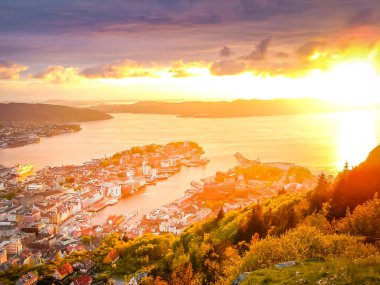 Dramatic sunset view of Bergen from Floyen mountain, Norway, Scandinavia
