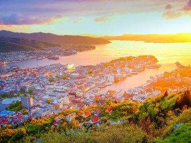 Dramatic sunset view of Bergen from Floyen mountain, Norway, Scandinavia