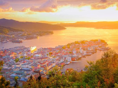 Dramatic sunset view of Bergen from Floyen mountain, Norway, Scandinavia