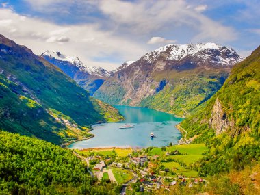 Above idyllic Geiranger fjord dramatic landscape, Norway, Scandinavia
