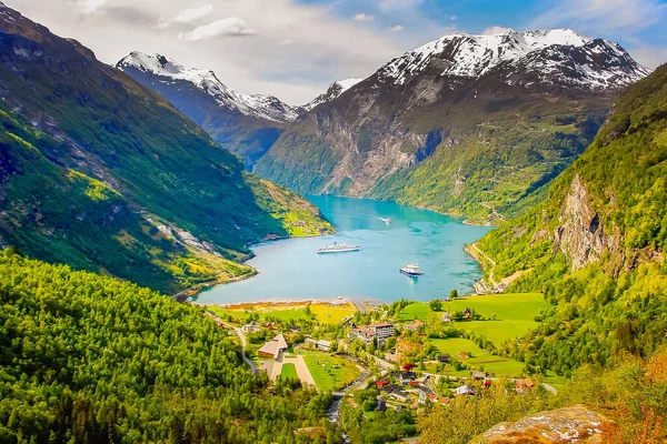 Above idyllic Geiranger fjord dramatic landscape, Norway, Scandinavia