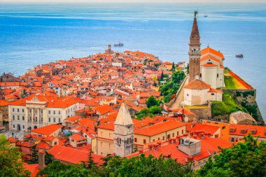 Above Medieval Piran old town, Slovenia riviera at sunny day