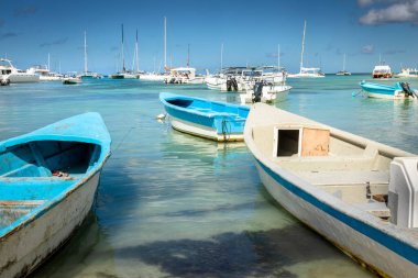 Boats on the beach harbor in beach in caribbean Saona Island, Punta Cana, Dominican Republic