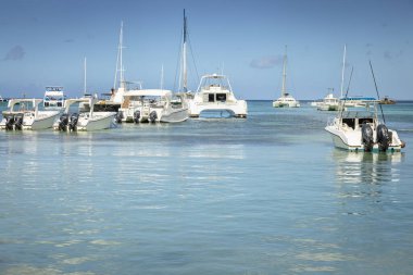 Boats on the beach harbor in beach in caribbean Saona Island, Punta Cana, Dominican Republic