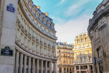 Beautiful buildings, typical parisian facades corners, Paris at sunrise, France