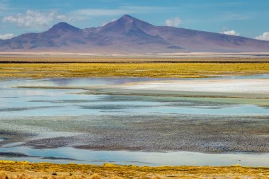 Salt lake reflection and idyllic volcanic landscape at Sunset, Atacama desert, Chile border with Bolivia