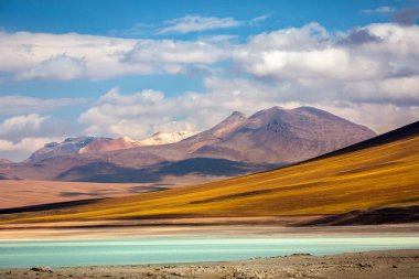 Salt lake reflection and idyllic volcanic landscape at Sunset, Atacama desert, Chile border with Bolivia