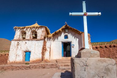 Chapel in El Tatio Machuca in Atacama desert altiplano at sunny day, Chile, South America