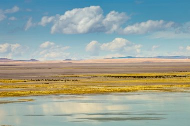 Salt lake reflection and idyllic volcanic landscape at Sunset, Atacama desert, Chile border with Bolivia