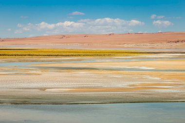 Salt lake reflection and idyllic volcanic landscape at Sunset, Atacama desert, Chile border with Bolivia