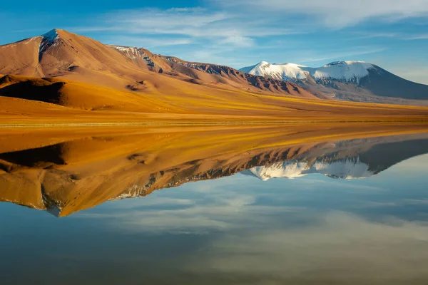 Salt lake Lejia reflection and idyllic volcanic landscape at Sunset, Atacama desert, Chile