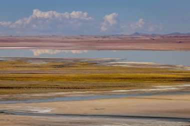 Salt lake reflection and idyllic volcanic landscape at Sunset, Atacama desert, Chile border with Bolivia
