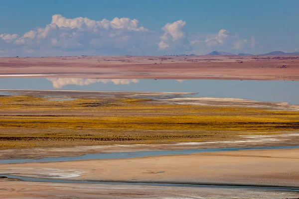 Відбиття Солоного Озера Ідилічний Вулканічний Ландшафт Пустелі Сансет Атакама Чилі — стокове фото