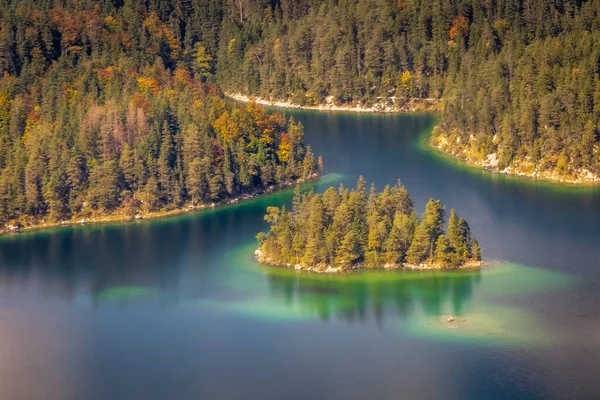 Eibsee lake from above Zugspitze at dramatic autumn landscape, Garmisch, Germany, border with Austria Tyrol