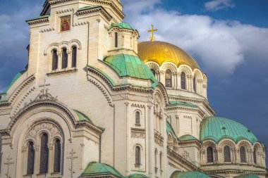 Alexander Nevski cathedral square in Sofia at dramatic autumn sunset, Bulgaria, Eastern Europe