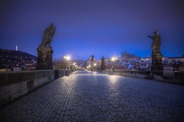 Charles Bridge in Prague, Czech Republic, at night lighting evening