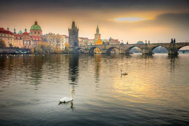 Panoramic view over the cityscape of Prague and Vltava river at dramatic evening, Czech Republic