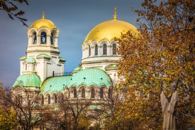 Alexander Nevski cathedral square in Sofia at dramatic autumn sunset, Bulgaria, Eastern Europe
