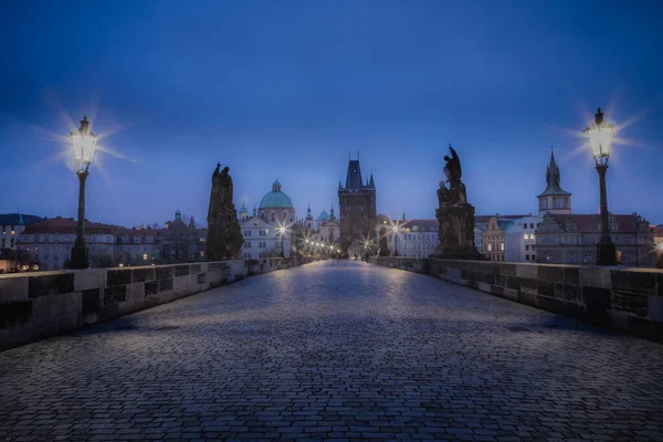 Charles Bridge Prague Czech Republic Night Lighting Evening — стоковое фото