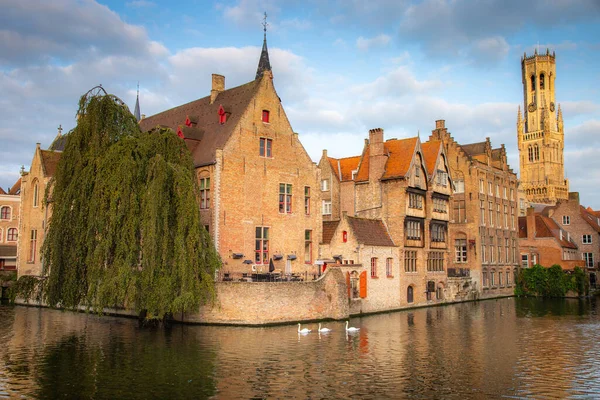 Фламандська Декоративна Архітектура Брюгге Каналом Лебедями Плавають Ряд Фландрія Бельгія — стокове фото