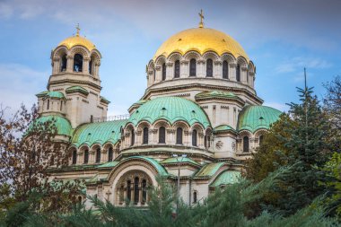Alexander Nevski cathedral square in Sofia at dramatic autumn sunset, Bulgaria, Eastern Europe