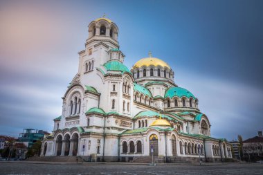 Alexander Nevski cathedral square in Sofia at dramatic autumn sunset, Bulgaria, Eastern Europe