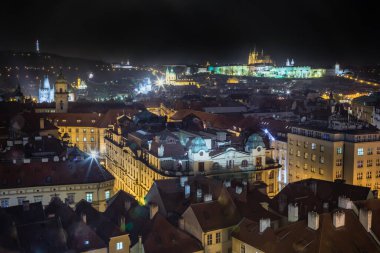 Panoramic view over the cityscape of Prague roofs at dramatic evening, Czech Republic