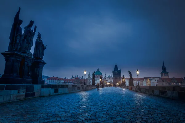 Charles Bridge Prague Czech Republic Night Lighting Evening — стоковое фото