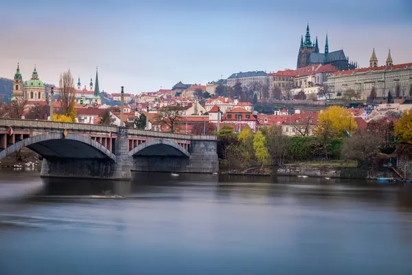Vue Panoramique Sur Paysage Urbain Prague Rivière Vltava Coucher Soleil — Photo