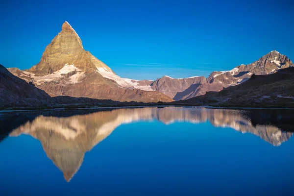 Reflection Matterhorn Blue Placid Lake Sunrise Swiss Alps Zermatt Switzerland Stock Photo