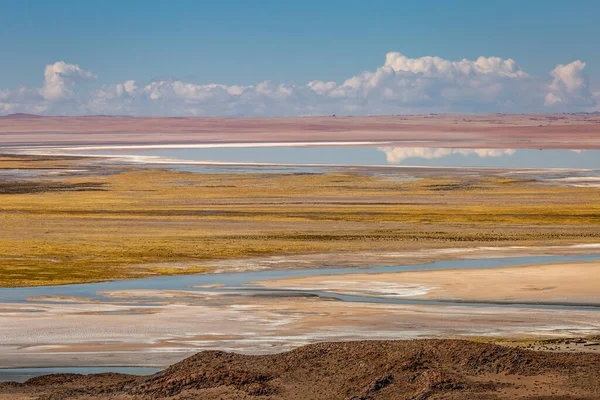 Salt Lake Reflection Idyllic Volcanic Landscape Sunset Atacama Desert Chile — Stok fotoğraf